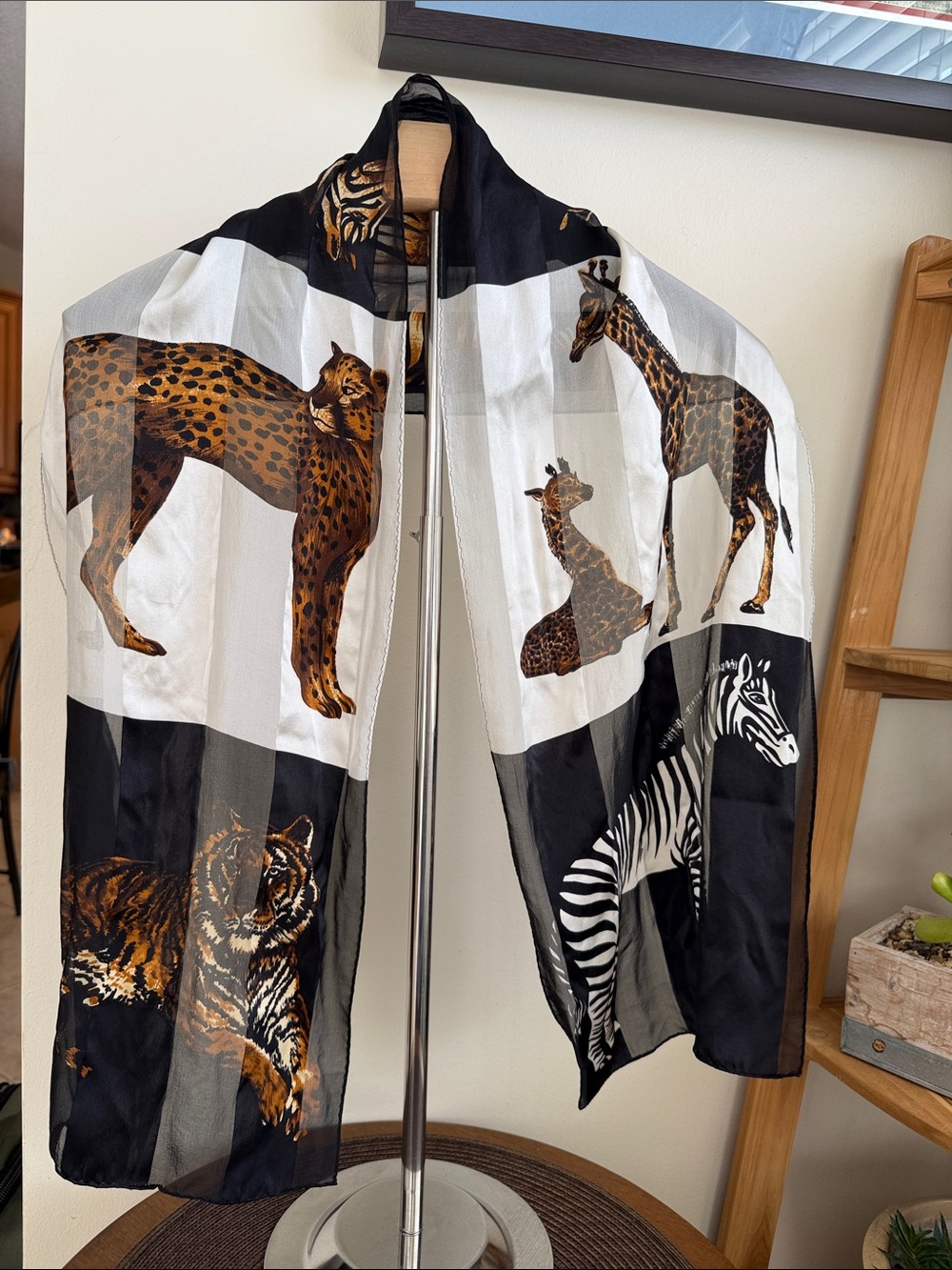 Luxury Animal Print Sheer Scarf - Black, White & Brown
